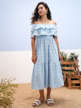 Women's Blue Ethnic Embroidered Regular Fit Sleeveless Dress