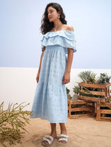 Women's Blue Ethnic Embroidered Regular Fit Sleeveless Dress