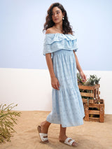Women's Blue Ethnic Embroidered Regular Fit Sleeveless Dress
