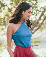 Women's Bluray Fluorescent Blue Polyester Fabric Zip Closure Halter Neck Sleeveless Regular Fit Plain Top