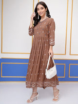 Women's Brown Ethnic Embroidered Regular Fit Three Quarter Sleeves Dress