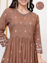 Women's Brown Ethnic Embroidered Regular Fit Three Quarter Sleeves Dress