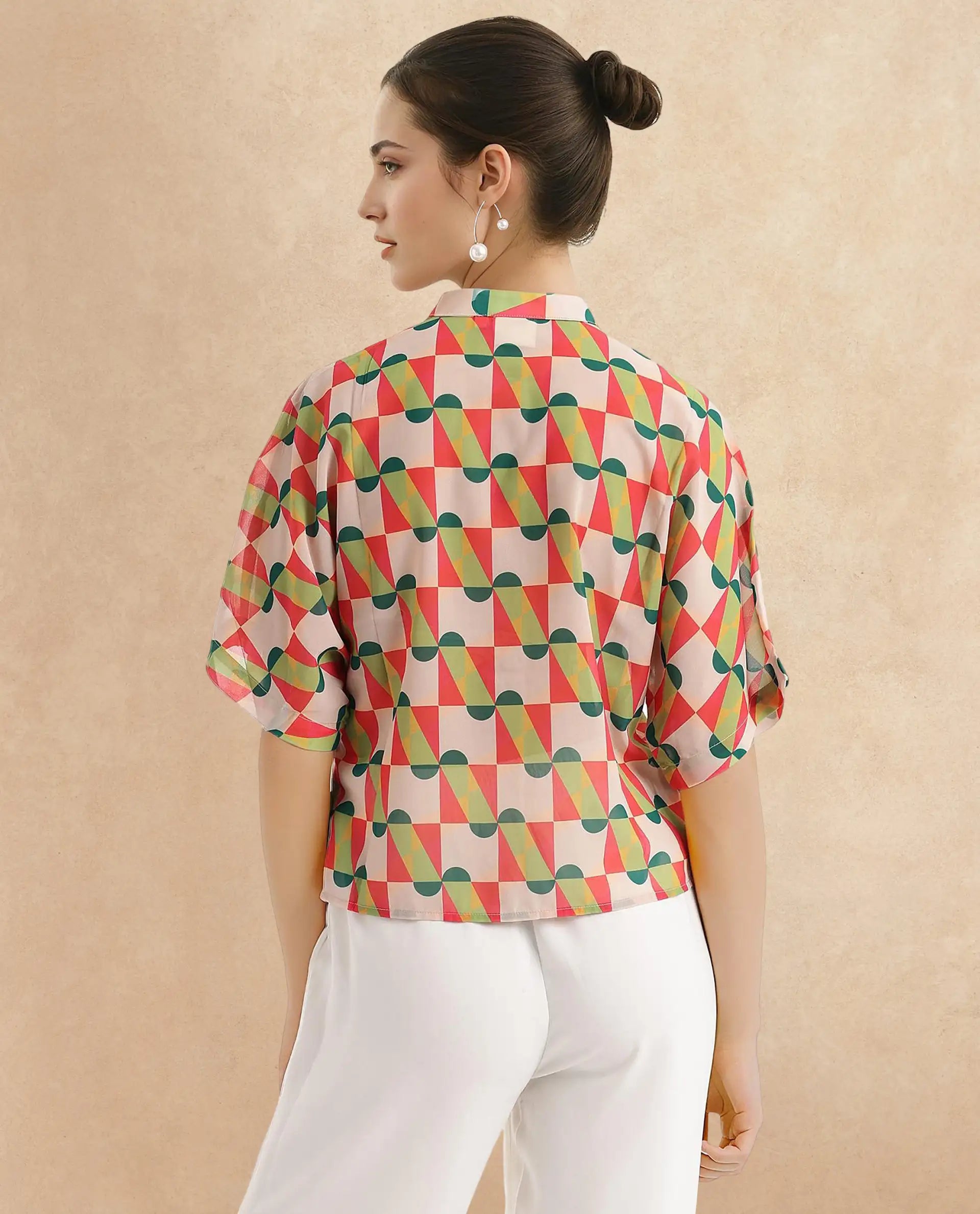 Women's Multicolor Casual Half Sleeves Regular Fit Geometric Print Top