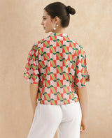 Women's Multicolor Casual Half Sleeves Regular Fit Geometric Print Top