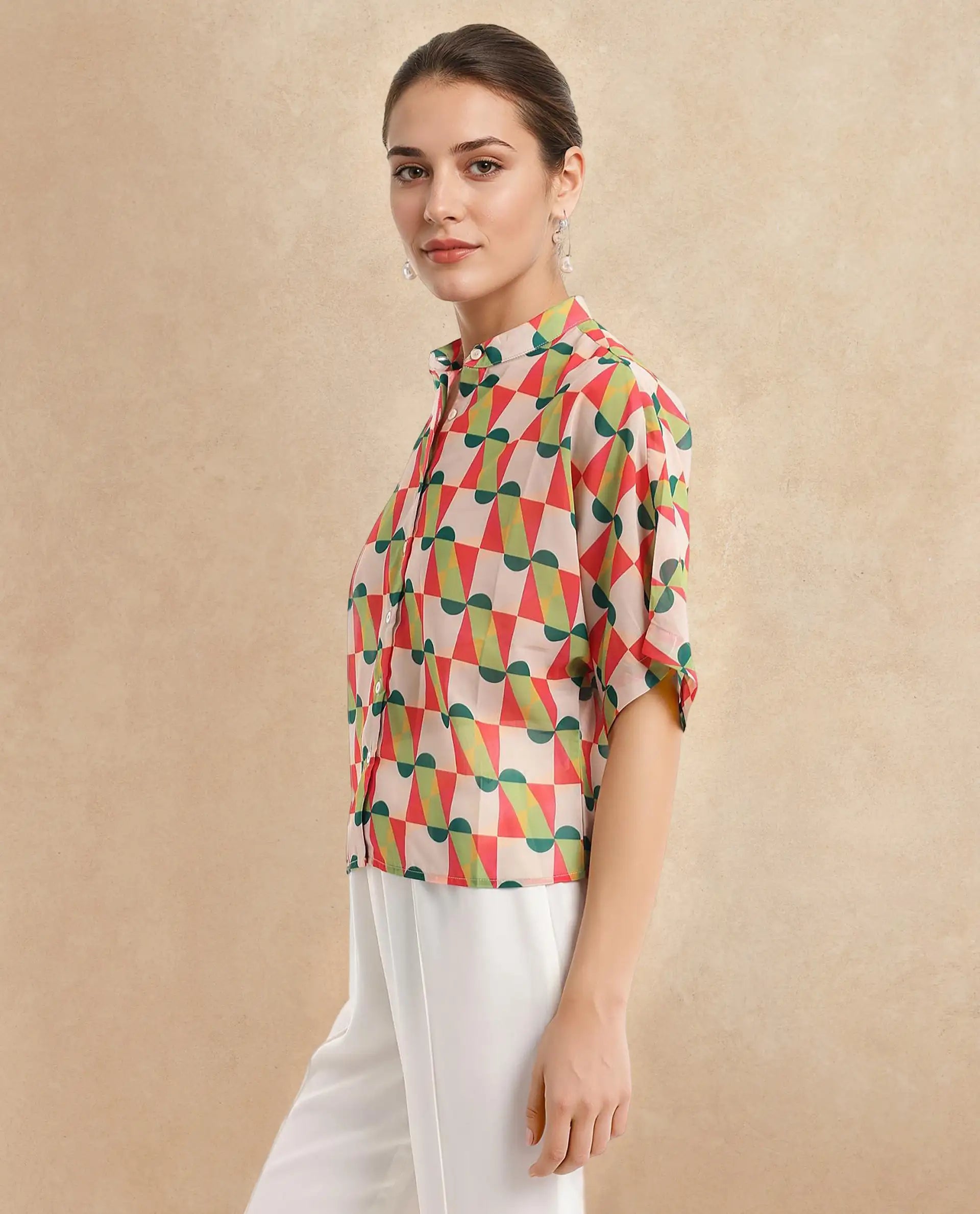 Women's Multicolor Casual Half Sleeves Regular Fit Geometric Print Top