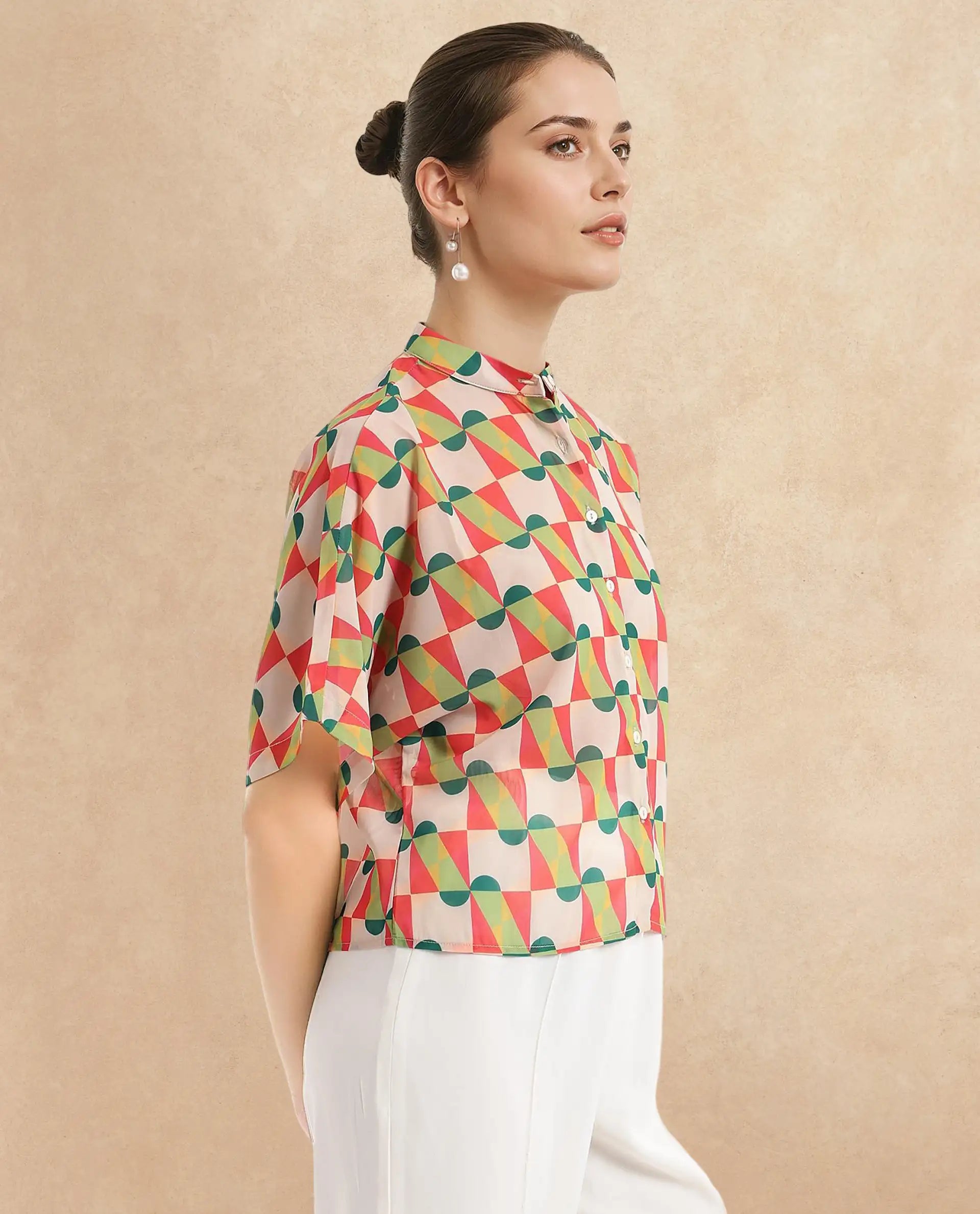 Women's Multicolor Casual Half Sleeves Regular Fit Geometric Print Top