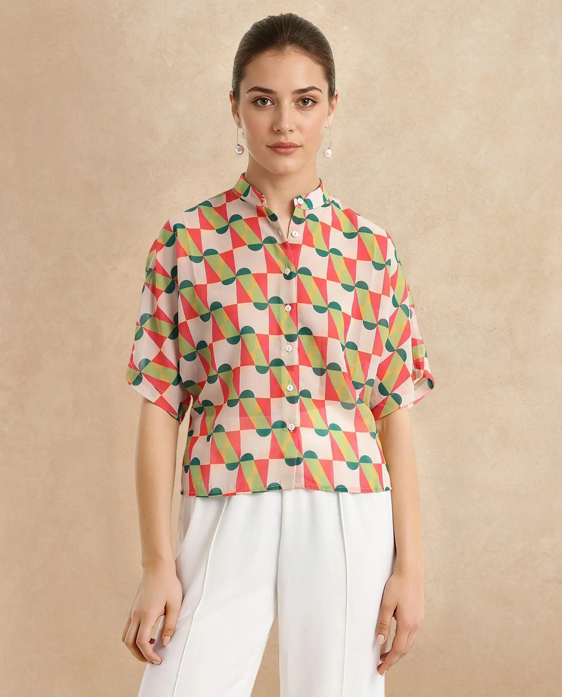 Women's Multicolor Casual Half Sleeves Regular Fit Geometric Print Top