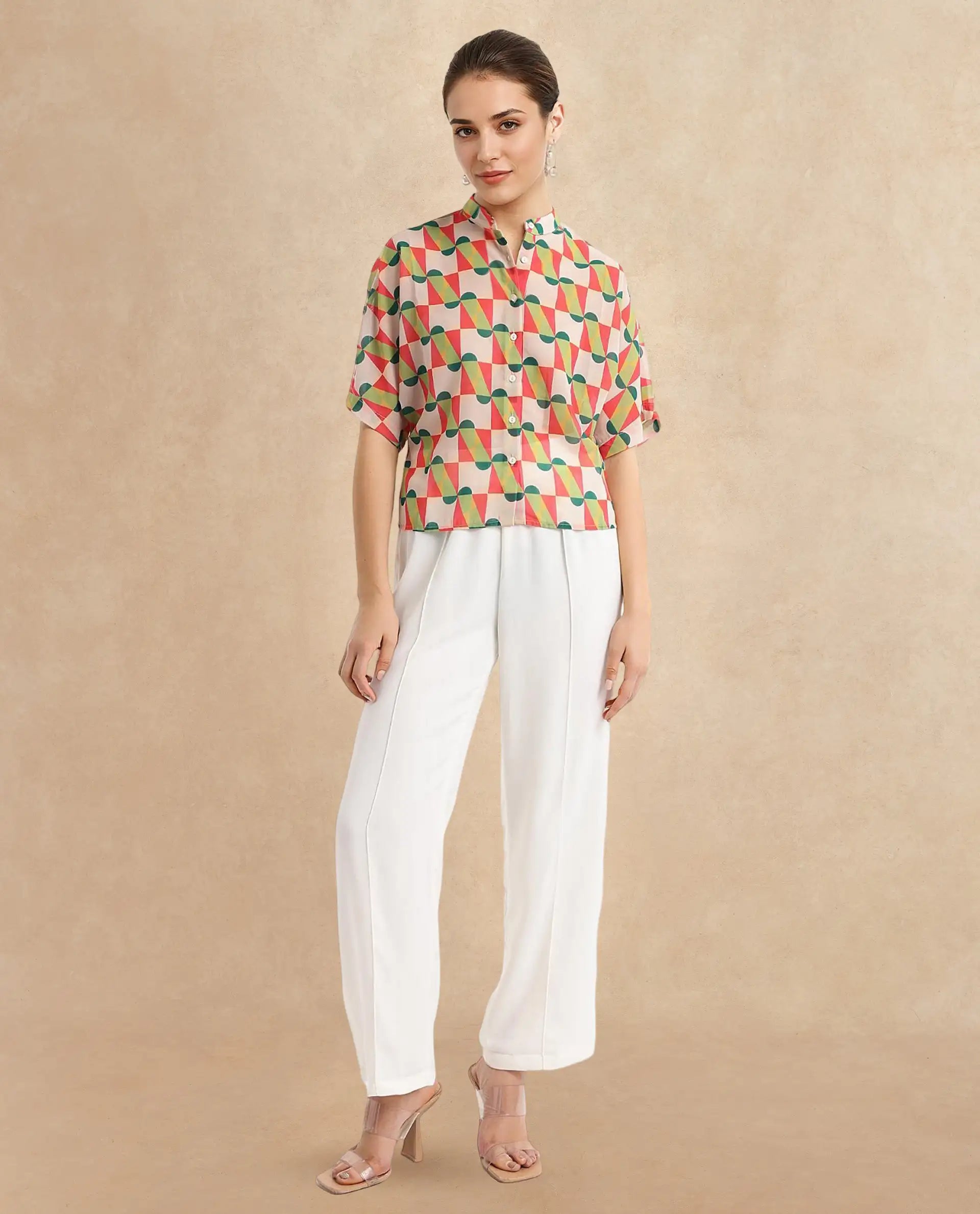 Women's Multicolor Casual Half Sleeves Regular Fit Geometric Print Top