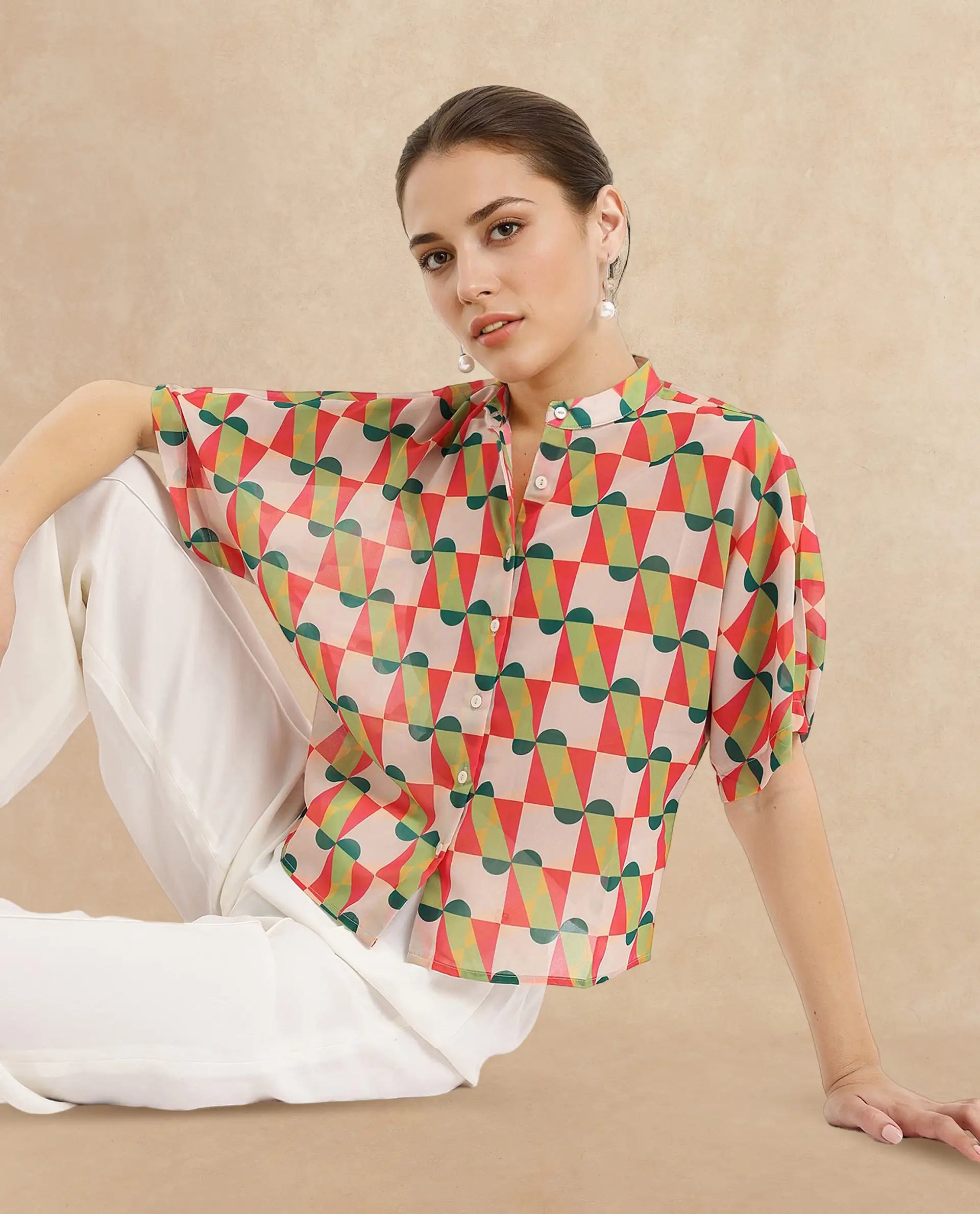 Women's Multicolor Casual Half Sleeves Regular Fit Geometric Print Top