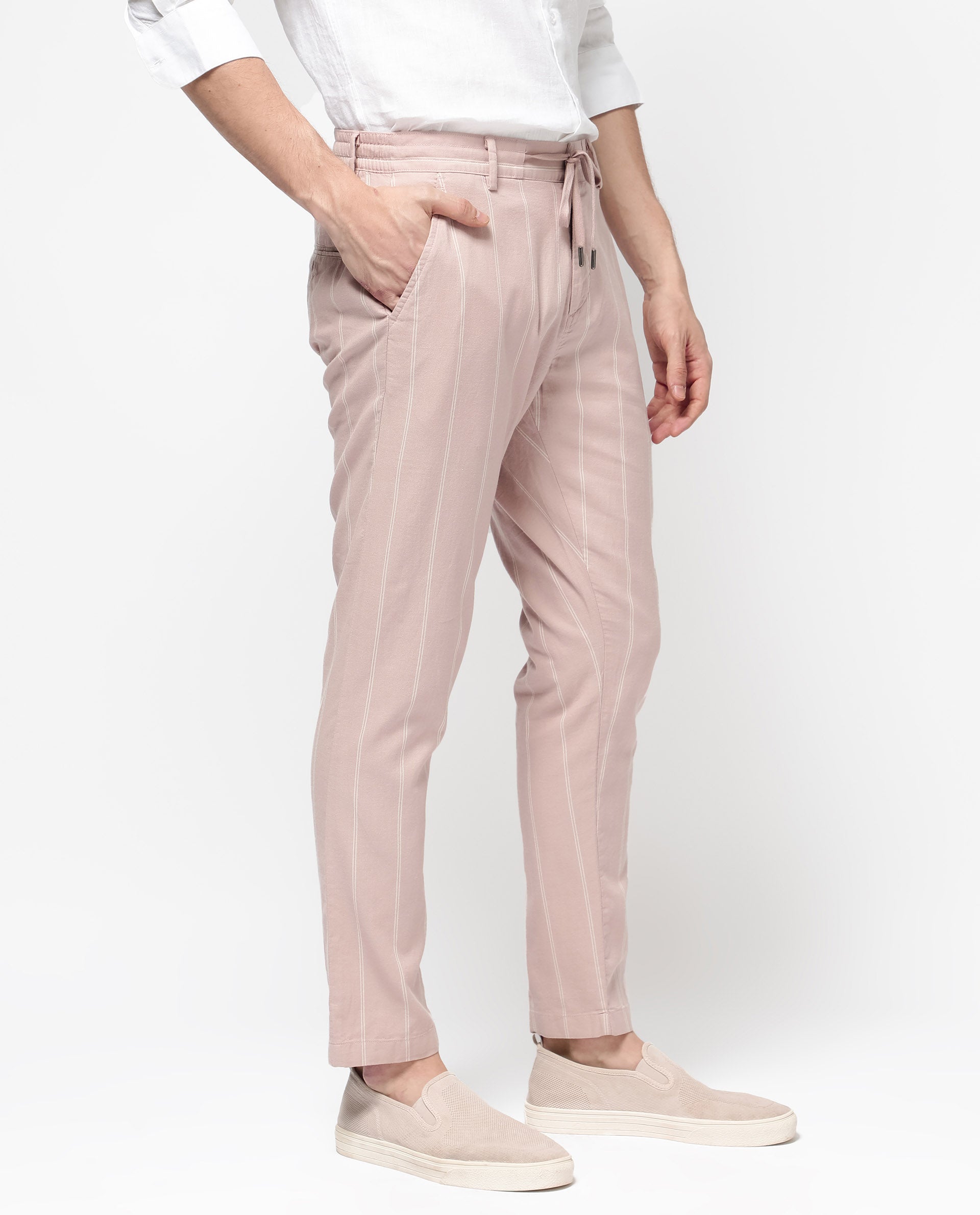 Men's Pink Casual Regular Fit Striped Trouser
