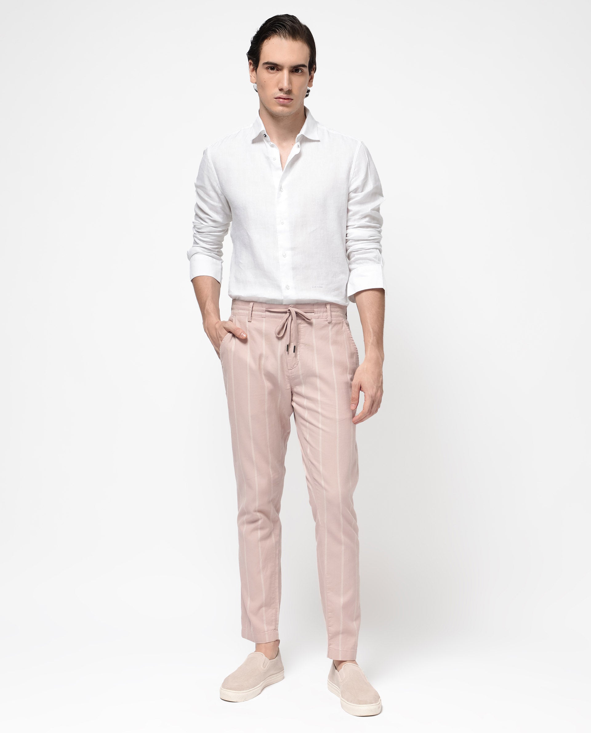 Men's Pink Casual Regular Fit Striped Trouser