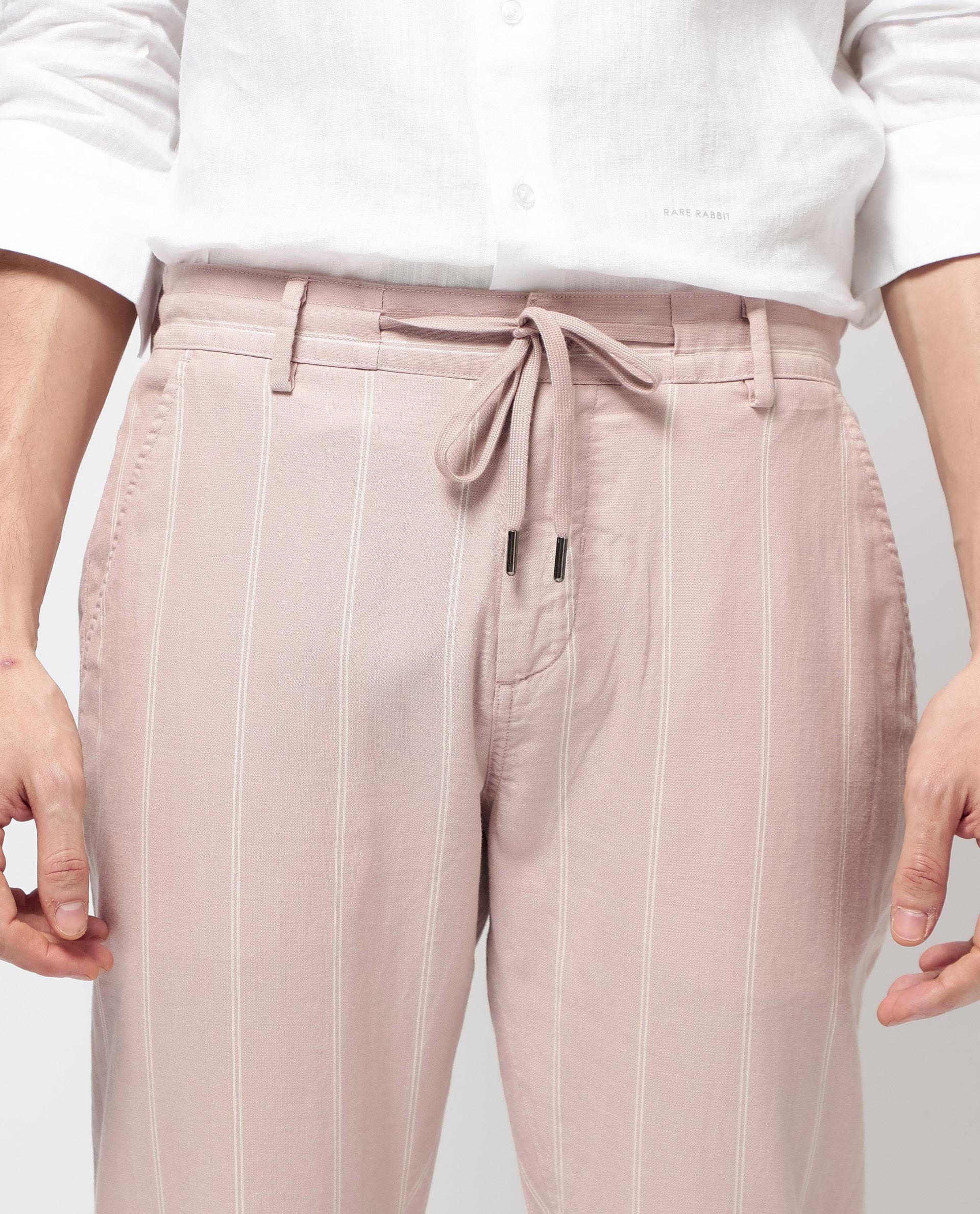 Men's Pink Casual Regular Fit Striped Trouser