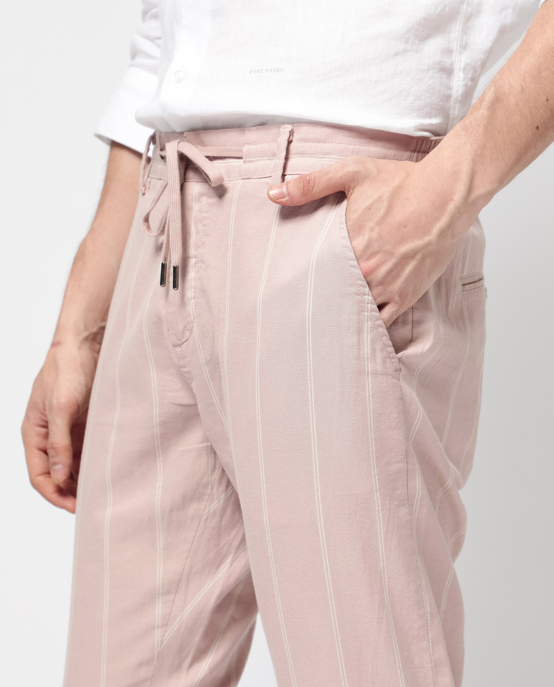 Men's Pink Casual Regular Fit Striped Trouser
