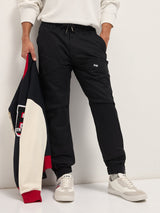 Men's Black Cotton Relaxed Fit Cargo Pants with Elastic Waist and Utility Pockets