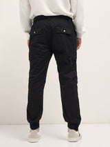 Men's Black Cotton Relaxed Fit Cargo Pants with Elastic Waist and Utility Pockets