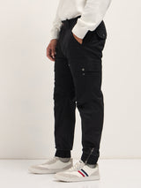 Men's Black Cotton Relaxed Fit Cargo Pants with Elastic Waist and Utility Pockets
