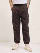 Men's Brown Nylon Relaxed Fit Cargo Pants with Utility Pockets