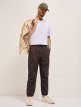Men's Brown Nylon Relaxed Fit Cargo Pants with Utility Pockets