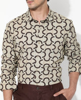 Men's Beige Casual Regular Fit Printed Full Sleeves Shirt