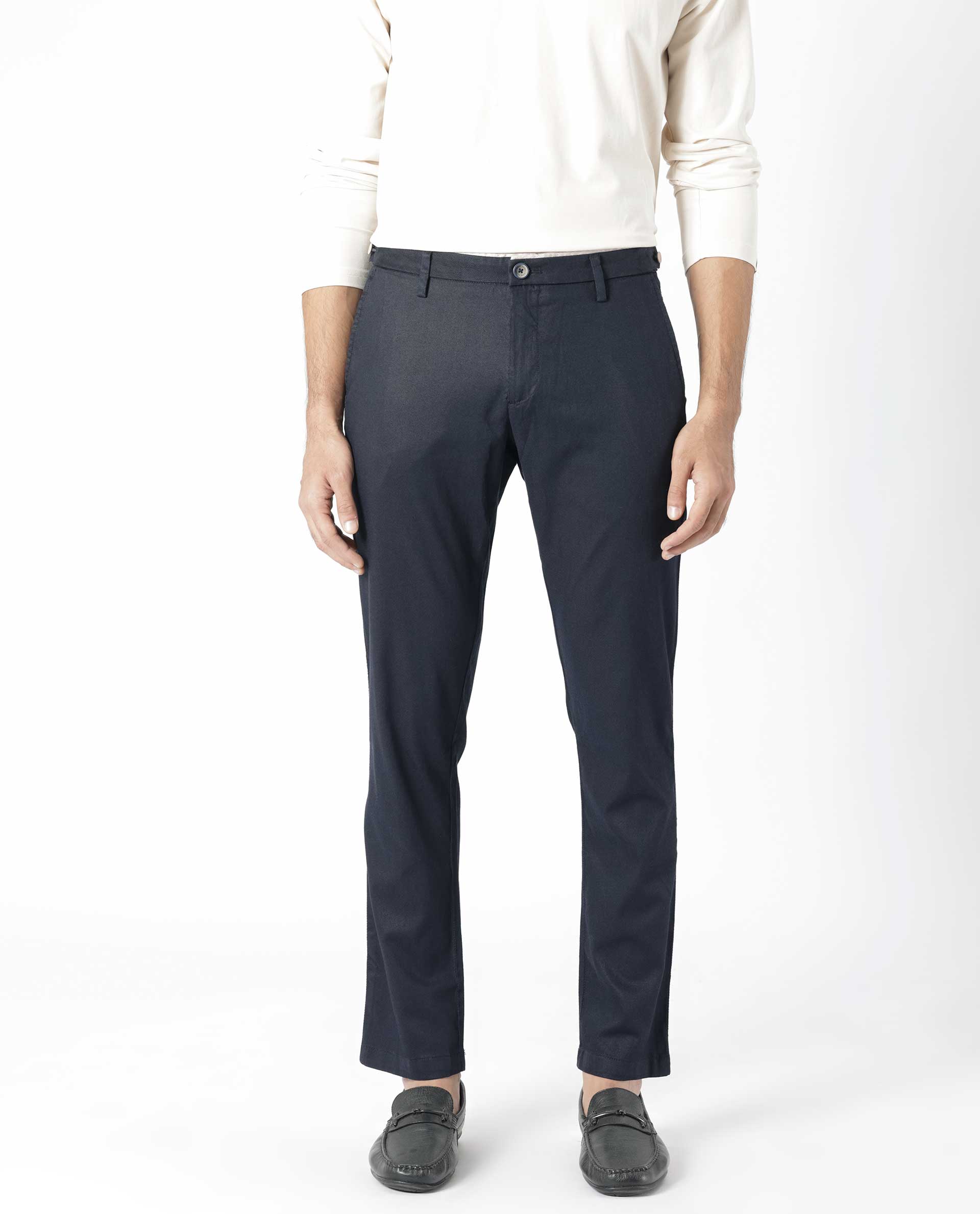 Men's Navy Casual Regular Fit Solid Trouser