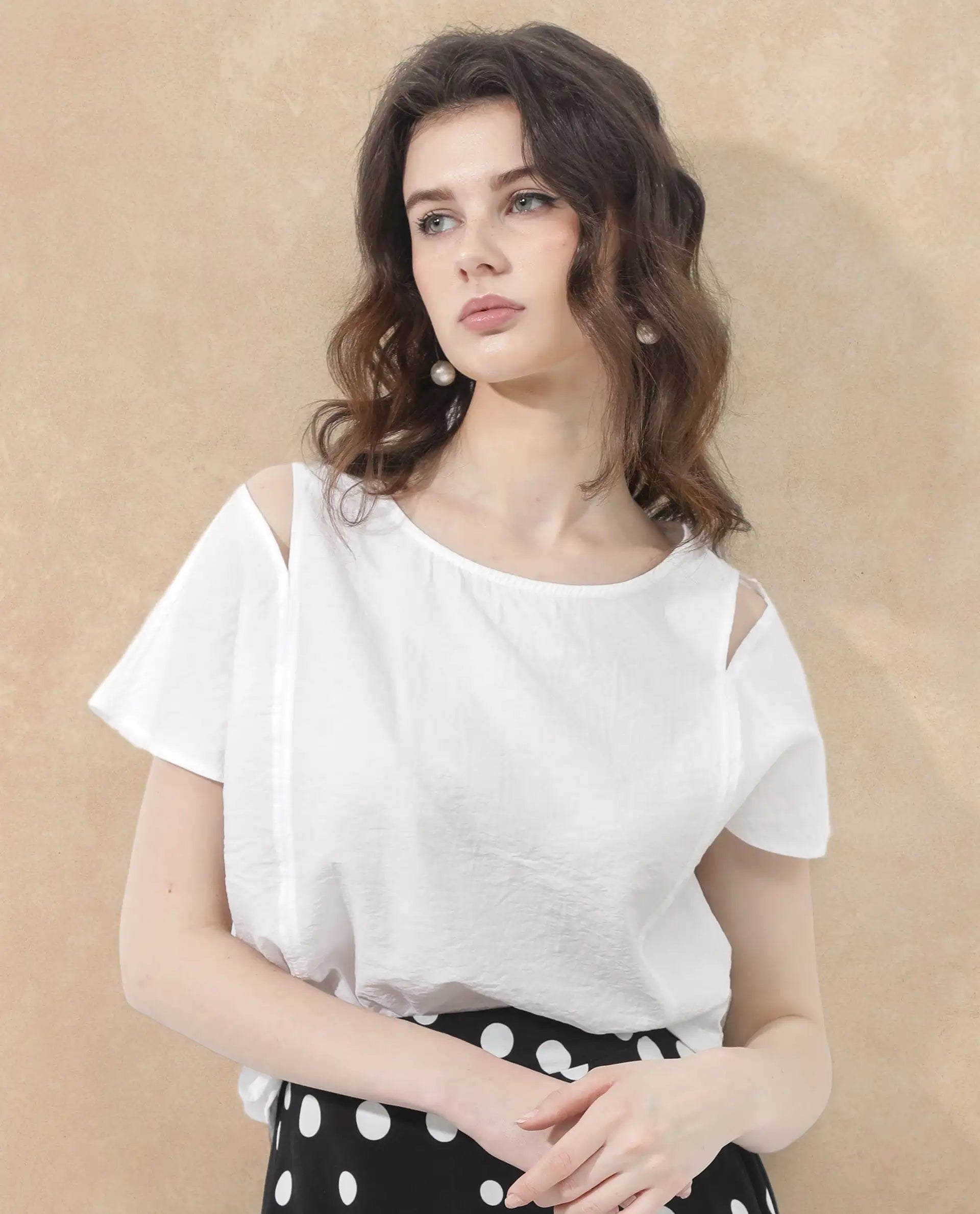Women's White Chabert Cap Sleeve Round Neck Top