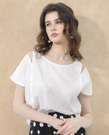 Women's White Chabert Cap Sleeve Round Neck Top