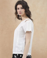 Women's White Chabert Cap Sleeve Round Neck Top