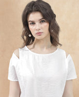 Women's White Chabert Cap Sleeve Round Neck Top