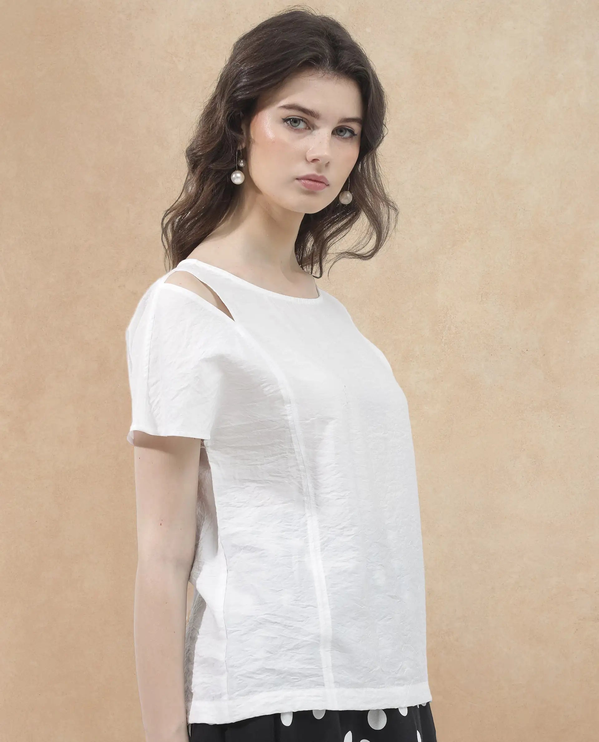 Women's White Chabert Cap Sleeve Round Neck Top