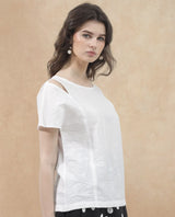 Women's White Chabert Cap Sleeve Round Neck Top