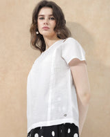 Women's White Chabert Cap Sleeve Round Neck Top
