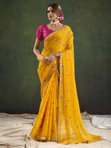 Women's Pure Chiffon Yellow Embellished Designer Saree with Blouse Piece