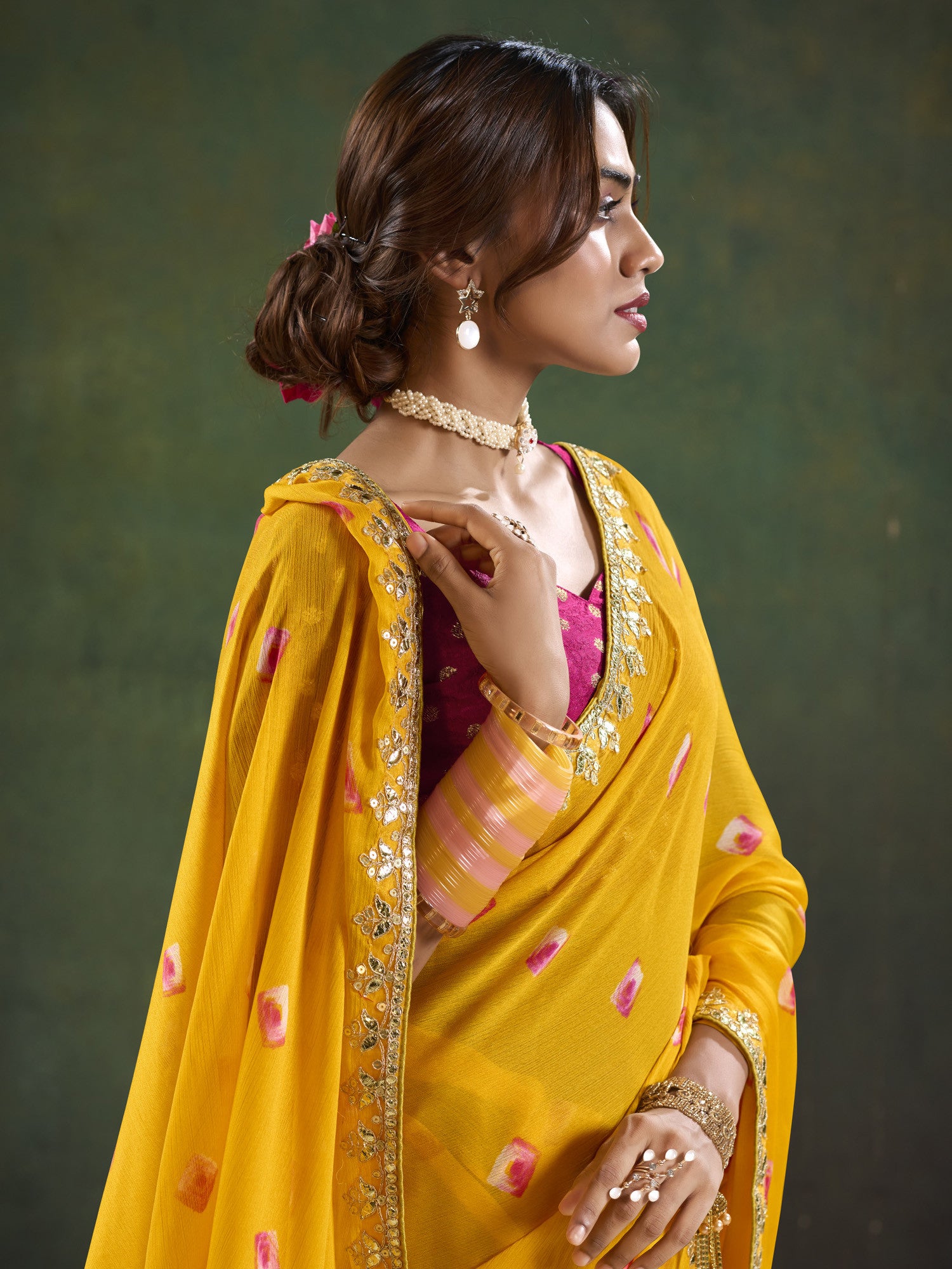 Women's Pure Chiffon Yellow Embellished Designer Saree with Blouse Piece