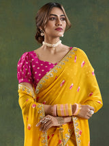Women's Pure Chiffon Yellow Embellished Designer Saree with Blouse Piece