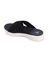 Women's Navy Criss-Cross Fly Knit Comfort Slides