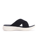 Women's Navy Criss-Cross Fly Knit Comfort Slides