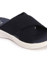 Women's Navy Criss-Cross Fly Knit Comfort Slides