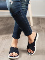 Women's Navy Criss-Cross Fly Knit Comfort Slides