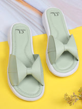 Women's Green Bow Detail Comfort Slide Sandals