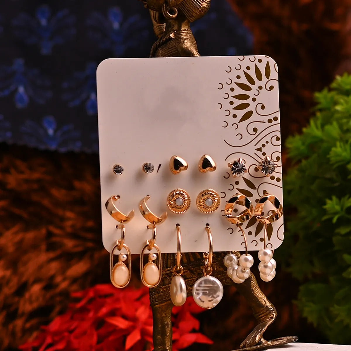 Women's Gold Casual Earrings - Set of 9