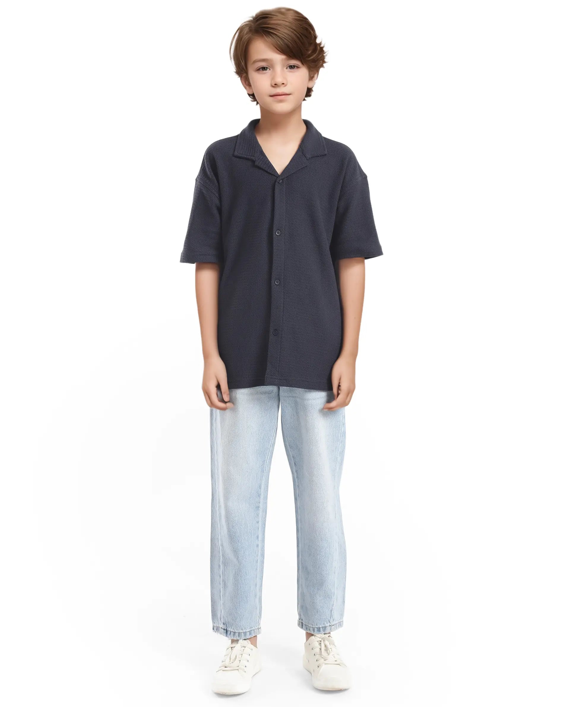 Boys Navy Casual Regular Fit Solid Half Sleeves Shirt