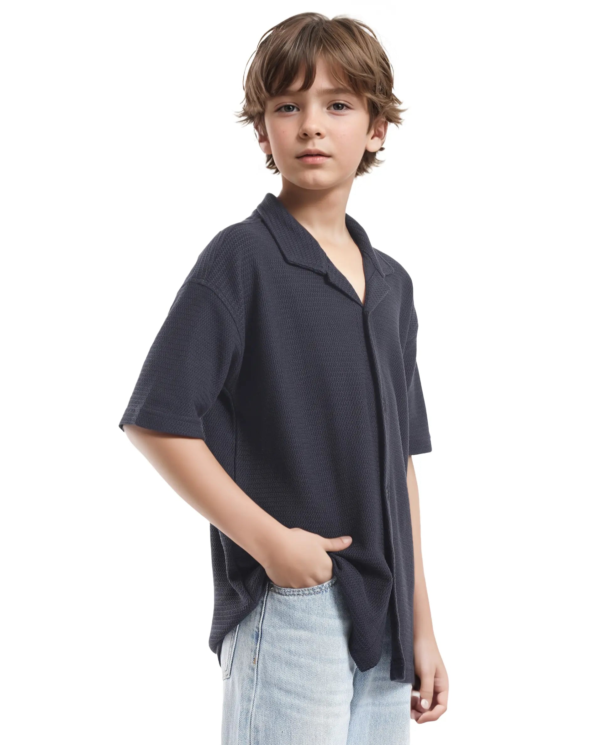 Boys Navy Casual Regular Fit Solid Half Sleeves Shirt