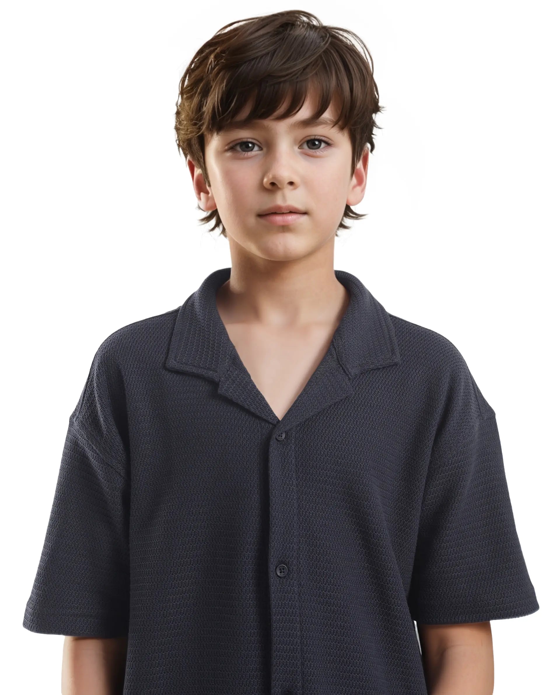 Boys Navy Casual Regular Fit Solid Half Sleeves Shirt