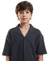 Boys Navy Casual Regular Fit Solid Half Sleeves Shirt