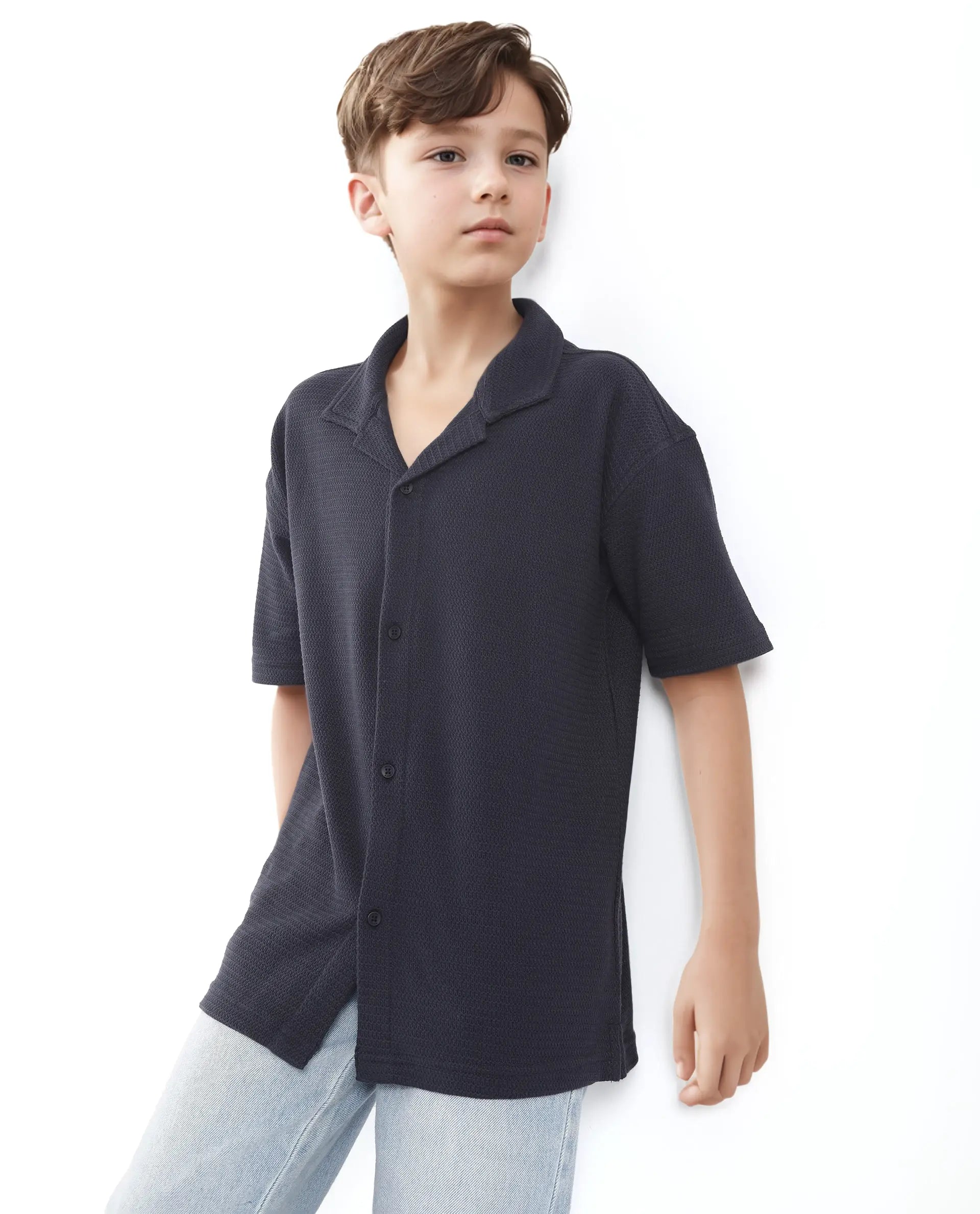 Boys Navy Casual Regular Fit Solid Half Sleeves Shirt