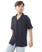Boys Navy Casual Regular Fit Solid Half Sleeves Shirt