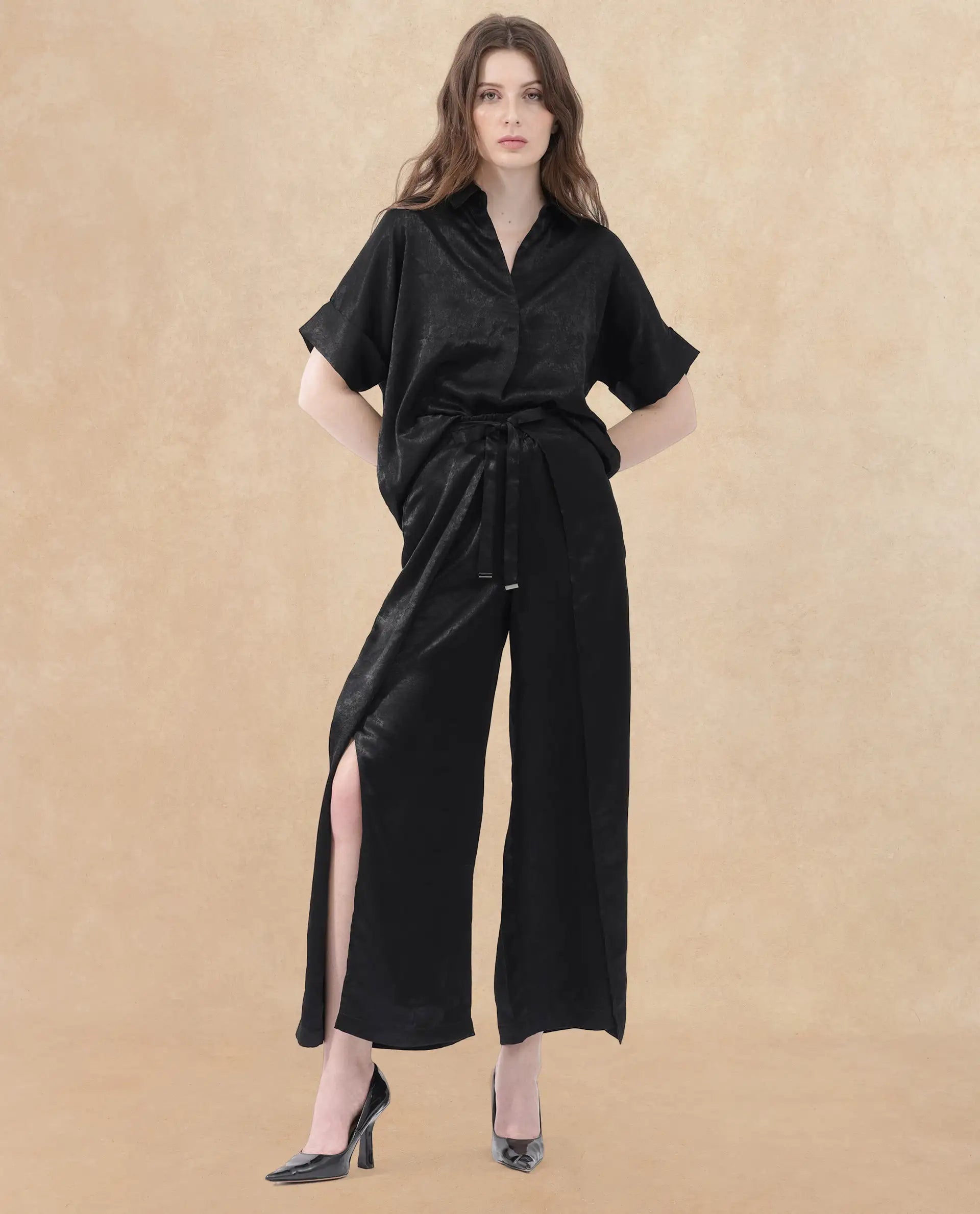 Women's Colet Black Polyester Fabric Tie-Up Closure Wide Leg Fit Plain Ankle Length Trousers