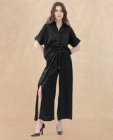 Women's Colet Black Polyester Fabric Tie-Up Closure Wide Leg Fit Plain Ankle Length Trousers