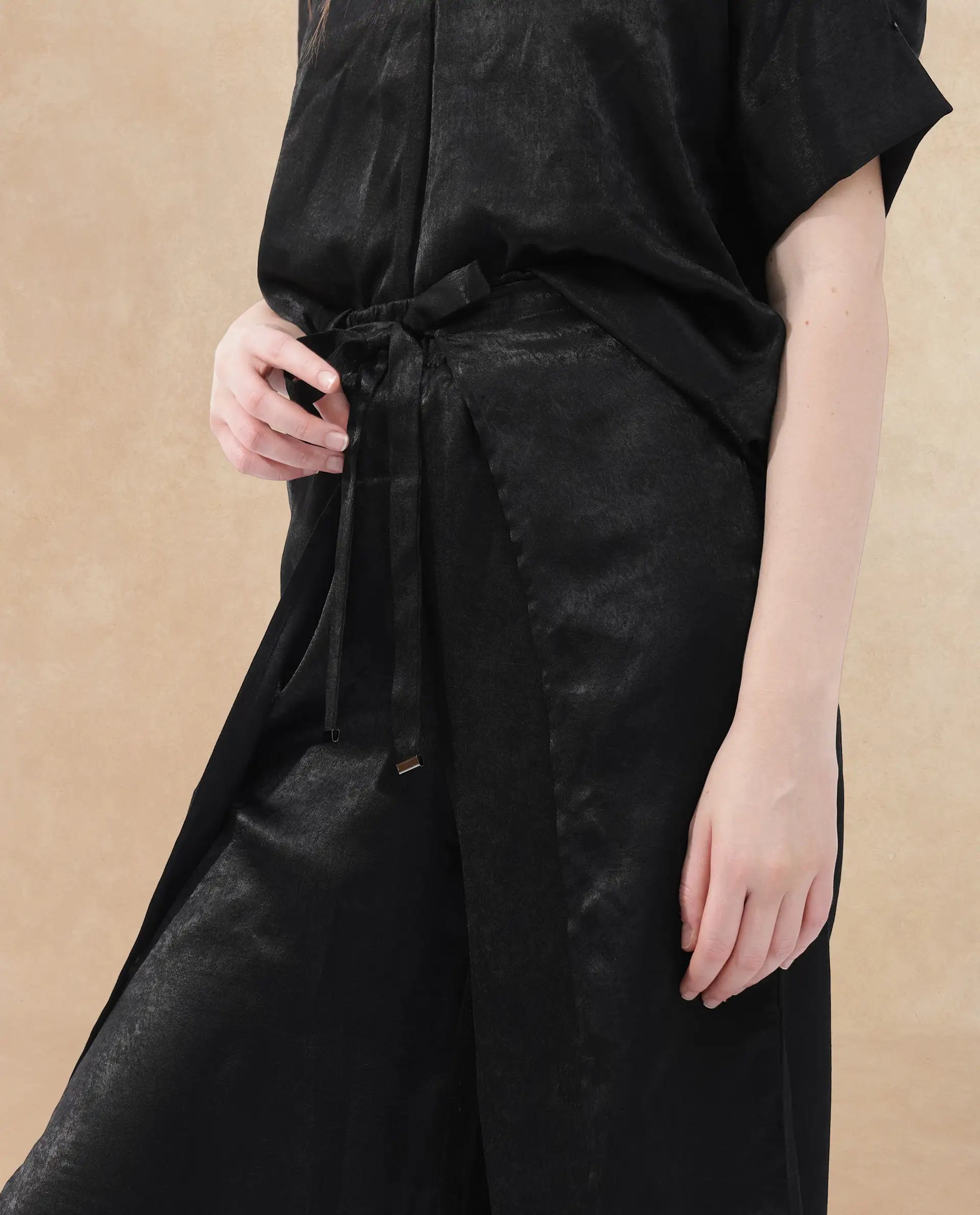 Women's Colet Black Polyester Fabric Tie-Up Closure Wide Leg Fit Plain Ankle Length Trousers