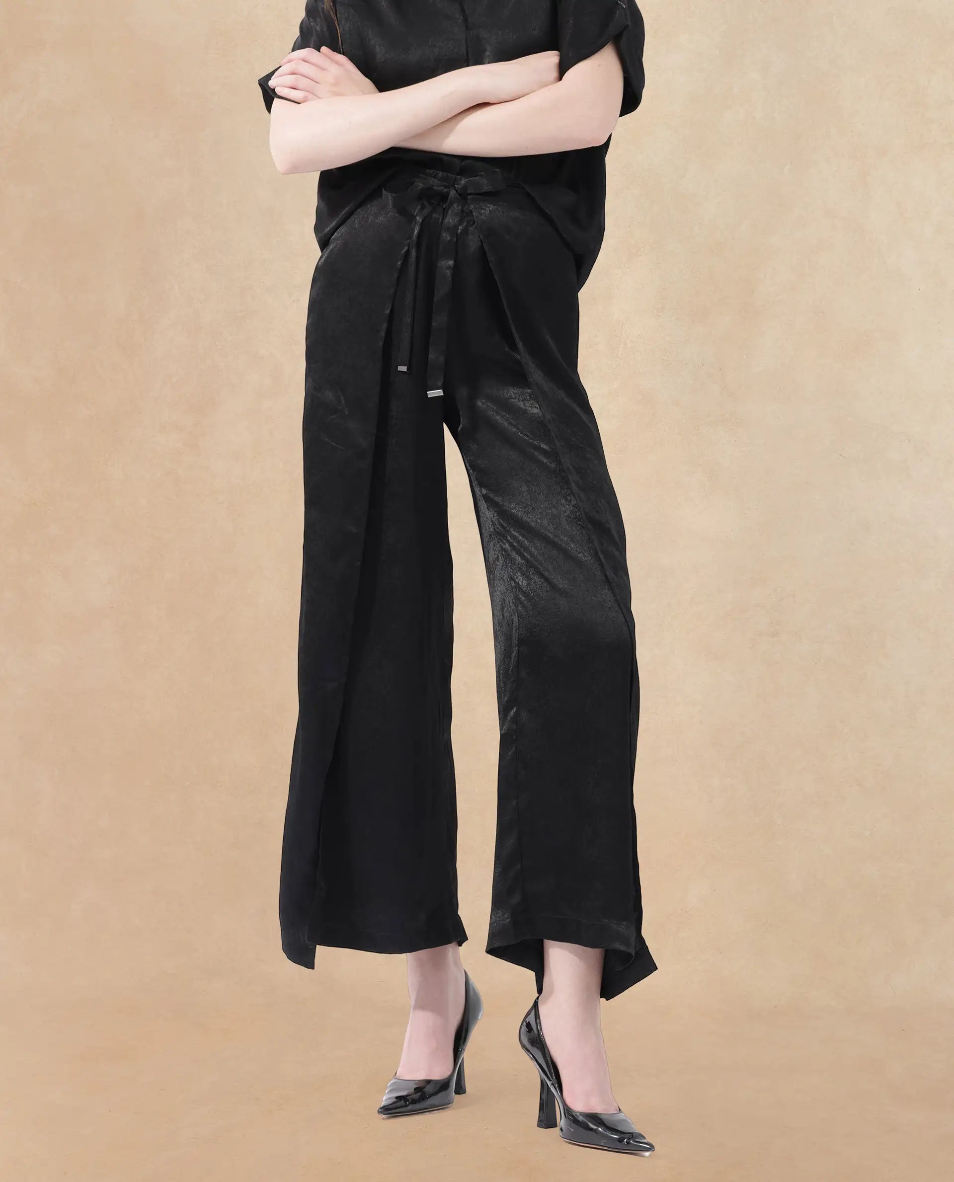 Women's Colet Black Polyester Fabric Tie-Up Closure Wide Leg Fit Plain Ankle Length Trousers